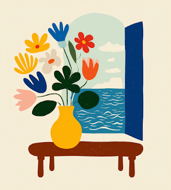 Vibrant Floral Still Life with Ocean View