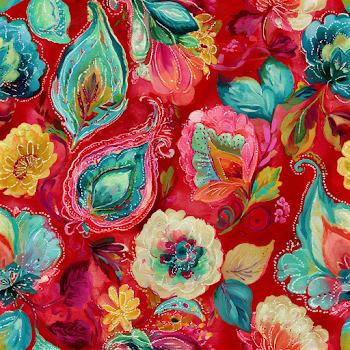 Vibrant Floral Textile Pattern on Crimson Background