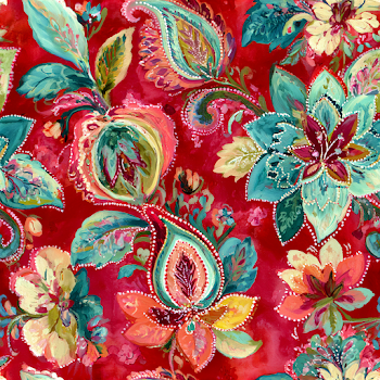 Vibrant Floral Textile Pattern on Crimson Background