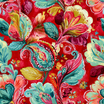 Vibrant Floral Textile Pattern on Crimson Red