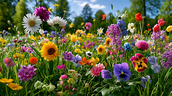 Vibrant Flower Meadow Under Bright Sunlight