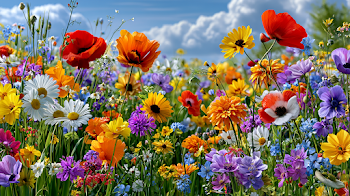 Vibrant Flower Meadow Under Bright Sunshine