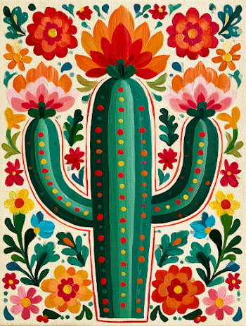 Vibrant Folk Art Cactus Painting