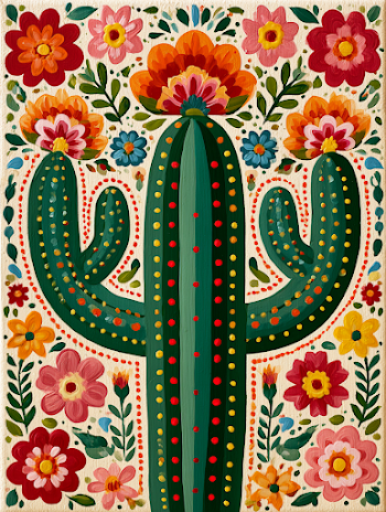 Vibrant Folk Art Cactus with Floral Elements