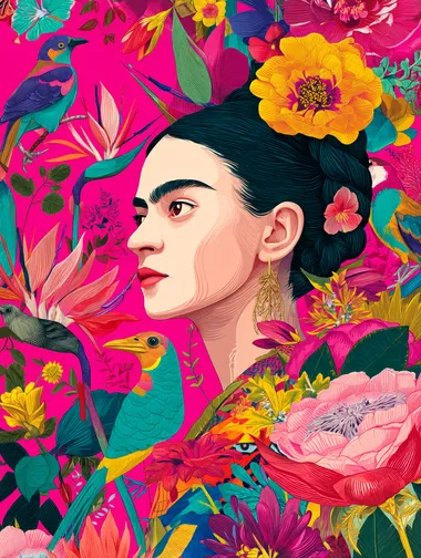 Vibrant Frida Kahlo Inspired Portrait with Tropical Floral Patterns Vibrant Frida Kahlo Inspired Portrait with Tropical Floral Patterns