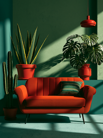Vibrant Green and Red Living Room Setup