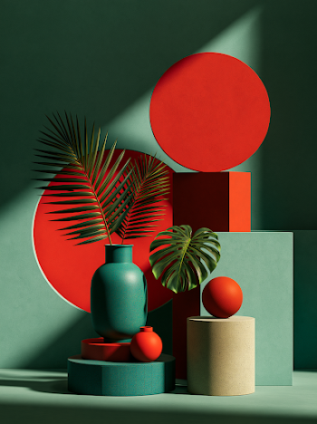 Vibrant Green and Red Still Life Composition