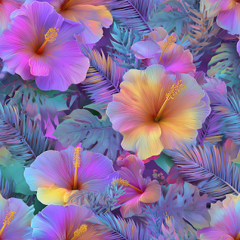 Vibrant Hibiscus and Palm Leaves Seamless Pattern