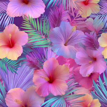 Vibrant Hibiscus and Palm Leaves Seamless Pattern