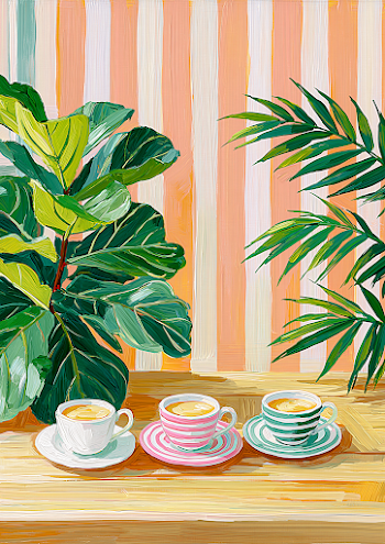 Vibrant Kitchen Table with Coffee and Lush Plants
