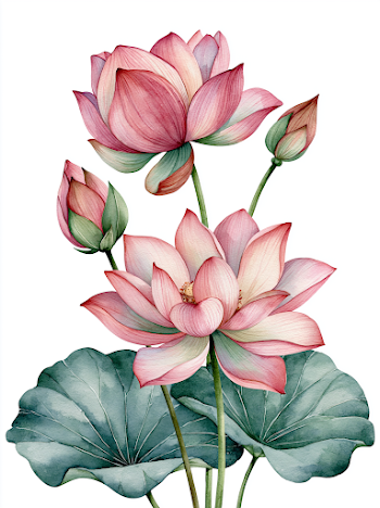 Vibrant Lotus Branch Watercolor Painting