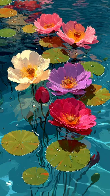 Vibrant Lotus Flowers and Lily Pads on Tranquil Water Vibrant Lotus Flowers and Lily Pads on Tranquil Water