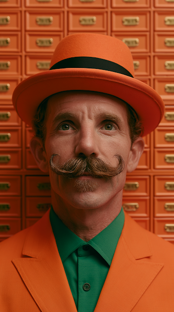 Vibrant Man with Handlebar Mustache in Orange Suit