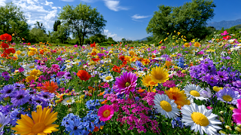 Vibrant Multi-Colored Flower Meadow Under Bright Sunshine