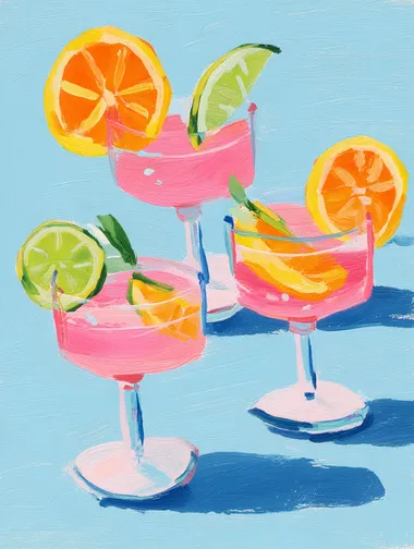 Vibrant Pink Cocktails with Citrus Slices in Gouache Style Vibrant Pink Cocktails with Citrus Slices in Gouache Style