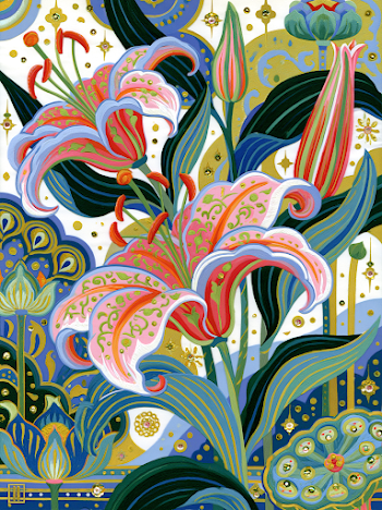 Vibrant Pink Lilies in Bold Mixed Media Art
