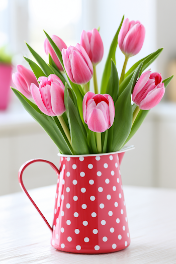 Vibrant Pink Tulips in Retro Red Pitcher