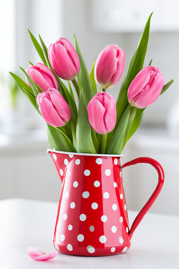 Vibrant Pink Tulips in Retro Red Polka Dot Pitcher
