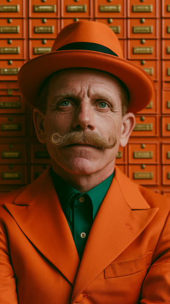 Vibrant Portrait of a Man in Orange Suit Against Mailbox Wall