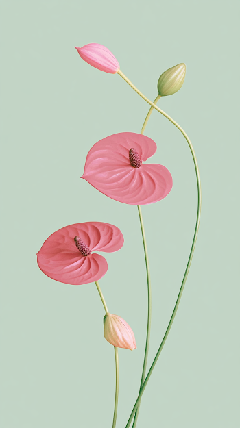 Vibrant Red Anthuriums with Buds on Soft Green Background