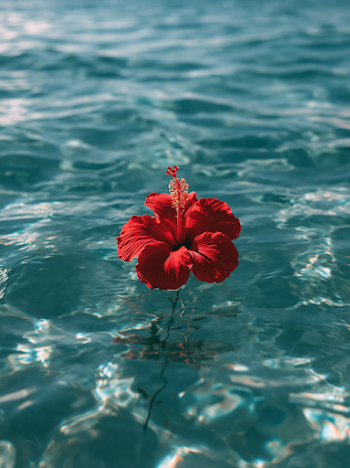 Vibrant Red Hibiscus Flower in Clear Blue Water