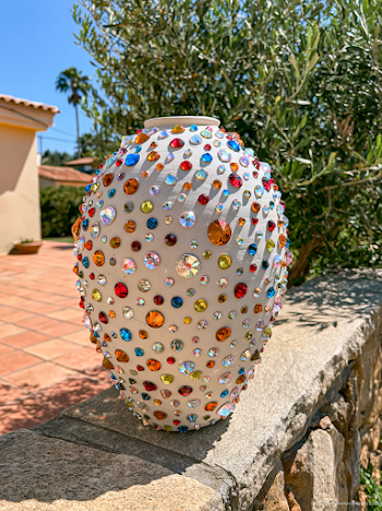 Vibrant Rhinestone-Embellished White Clay Vase in Mediterranean Villa
