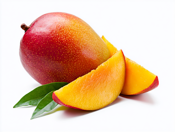 Vibrant Ripe Mango and Sliced Wedges on White Background