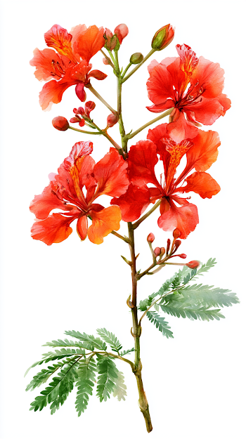 Vibrant Royal Poinciana Branch Watercolor Painting