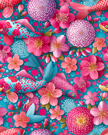 Vibrant Sakura Blossoms and Koi Carp