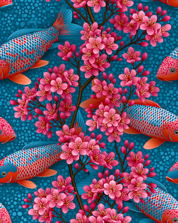Vibrant Sakura Flowers and Koi Carp Pattern