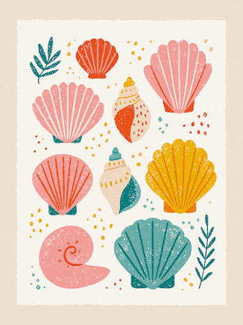 Vibrant Sea Shells Illustration in Retro Style