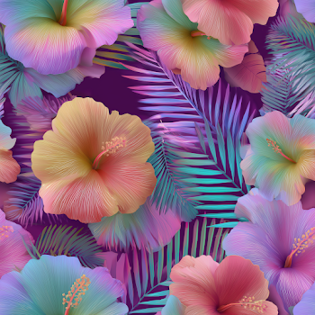 Vibrant Seamless Hibiscus and Palm Leaf Pattern