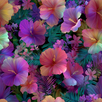 Vibrant Seamless Hibiscus and Palm Leaves Pattern