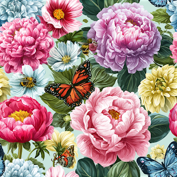 Vibrant Spring Garden Pattern with Butterflies and Bees