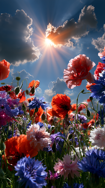 Vibrant Spring Meadow with Poppies and Cornflowers