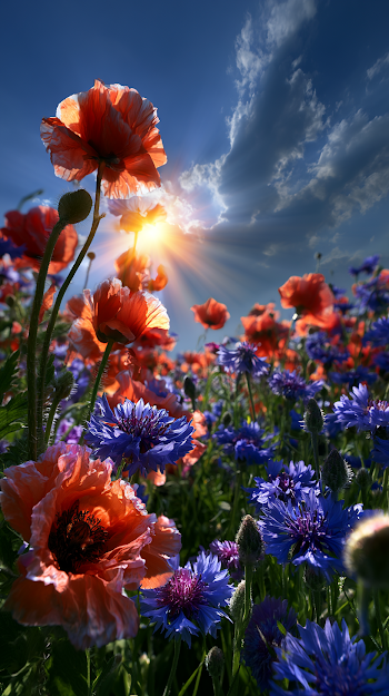 Vibrant Spring Meadow with Poppies and Cornflowers