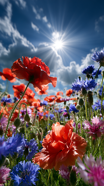 Vibrant Spring Meadow with Poppies and Cornflowers