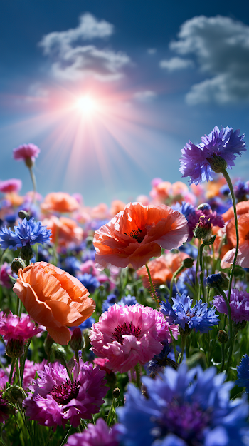 Vibrant Spring Meadow with Poppies and Cornflowers