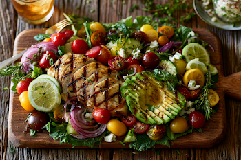 Vibrant Summer Salad Flat Lay with Grilled Chicken