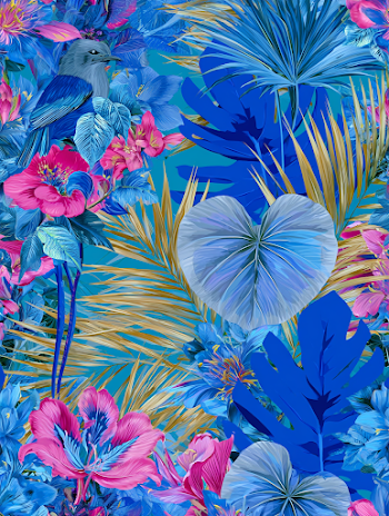 Vibrant Tropical Botanical Illustration with Exotic Foliage and Bird