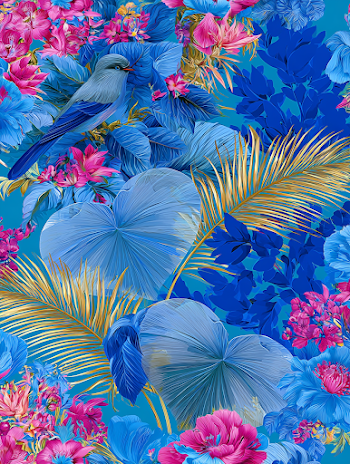 Vibrant Tropical Botanical Jungle with Stylized Bird
