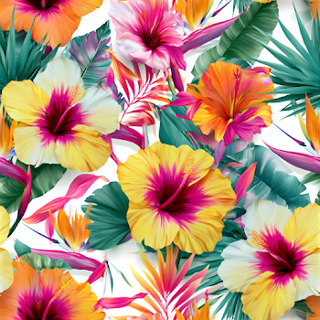 Vibrant Tropical Botanical Pattern with Hibiscus and Palm Leaves