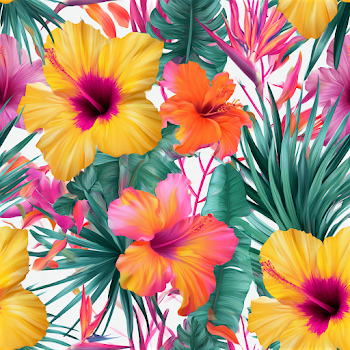 Vibrant Tropical Botanical Pattern with Hibiscus Flowers