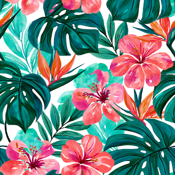 Vibrant Tropical Pattern with Monstera Leaves and Exotic Flowers