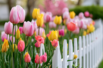 Vibrant Tulips Blooming by a White Picket Fence