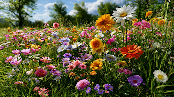 Vibrant Wildflower Meadow Under Bright Sunshine