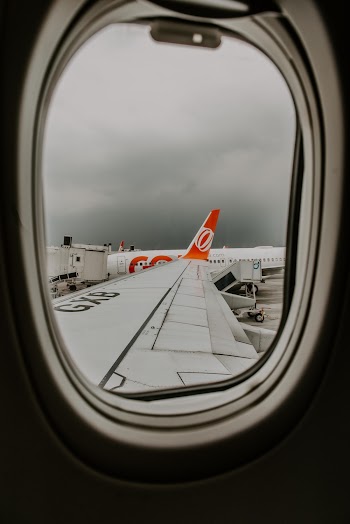 View of airplane wing through plane window