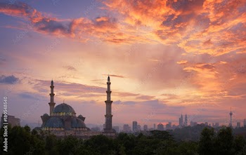 View of public mosque, Wilayah persekutuan mosque at sunrise in Kuala Lumpur, Malaysia