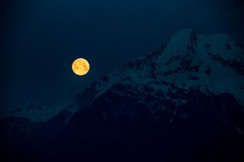 View of the early morning setting pink full moon. 