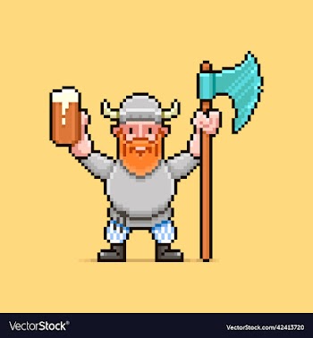 viking with a big axe and a mug of beer